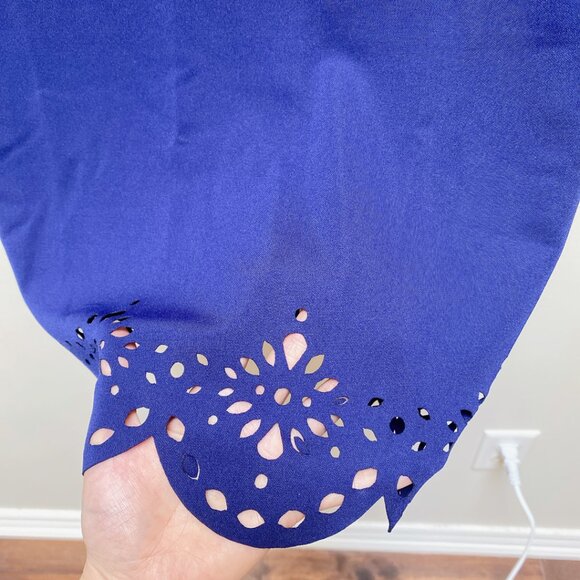 New Women Slim Solid Blue Midi Lace Cut Out Long Sleeve Bodycon Pullover Dress - Picture 4 of 5